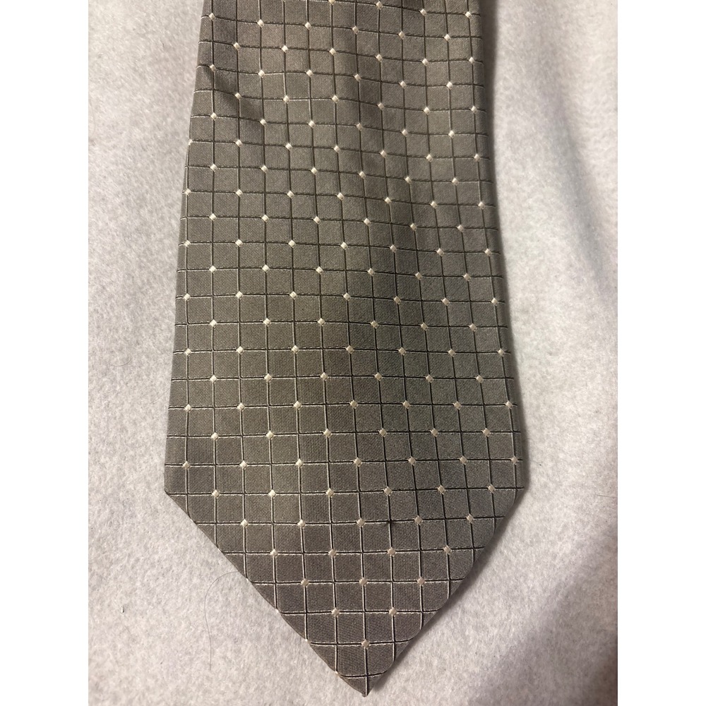 Paul Dione Silk Necktie Mens OS Olive Grey Grid Geometric Hand Made Excellent